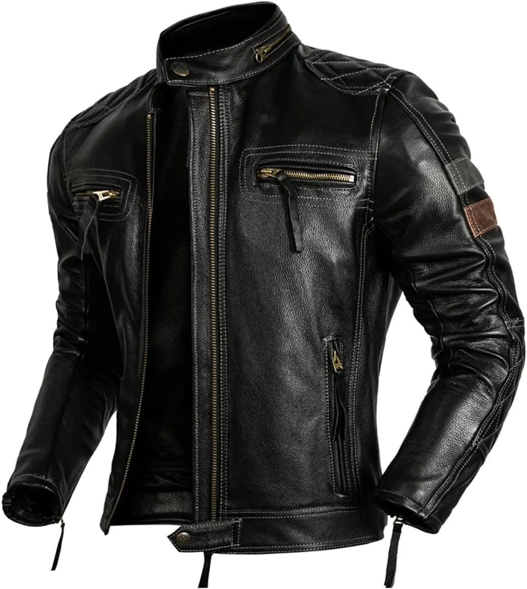 Mens Black Biker Leather Jacket for Men - Genuine Cowhide Multi-Zipper Perfect for Moto Riders Enthusiasts