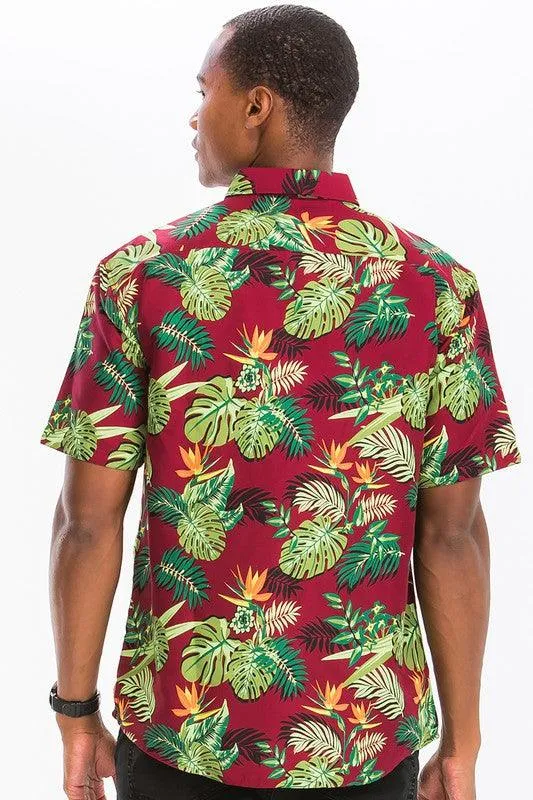 Mens Burgundy Hawaiian Button Down Shirt