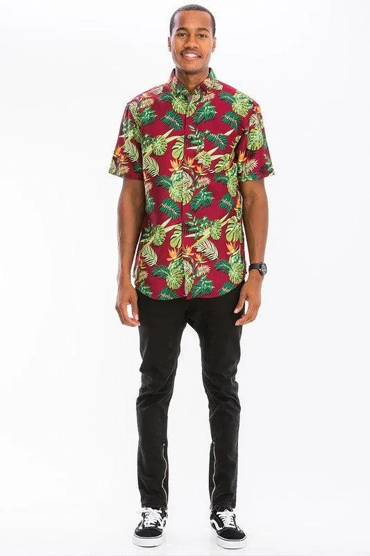 Mens Burgundy Hawaiian Button Down Shirt