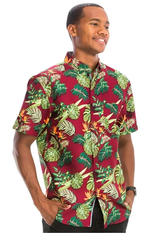 Mens Burgundy Hawaiian Button Down Shirt