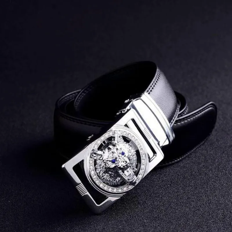Men's Casual Leather Belt With Wolf Head Shaped Buckle