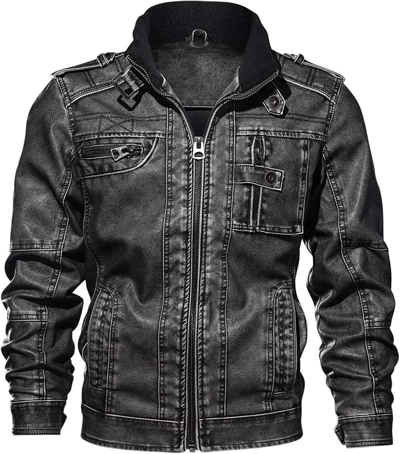 Mens Classic Vintage PU Faux Leather Motorcycle Biker Bomber Jacket Casual Stand Collar Zip Up Winter Coat with Zipper Pocket