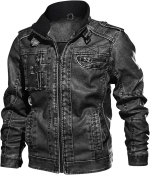 Mens Classic Vintage PU Faux Leather Motorcycle Biker Bomber Jacket Casual Stand Collar Zip Up Winter Coat with Zipper Pocket