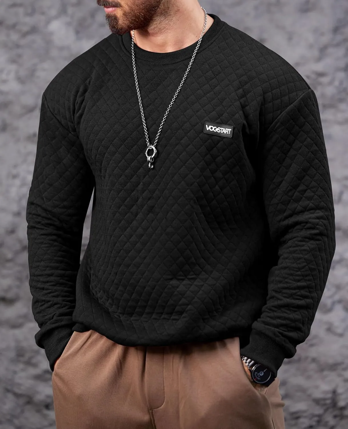 Mens Crewneck Sweatshirt Quilted Geometric Texture Long Sleeve Casual Soild Color Pullover (S-XXL)