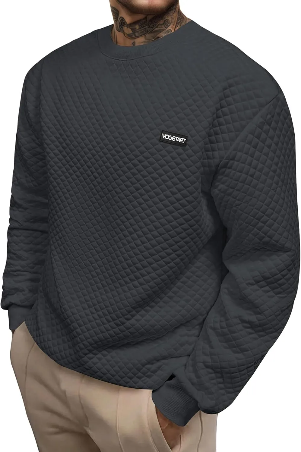 Mens Crewneck Sweatshirt Quilted Geometric Texture Long Sleeve Casual Soild Color Pullover (S-XXL)