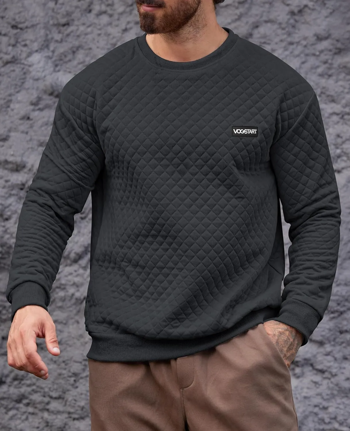 Mens Crewneck Sweatshirt Quilted Geometric Texture Long Sleeve Casual Soild Color Pullover (S-XXL)