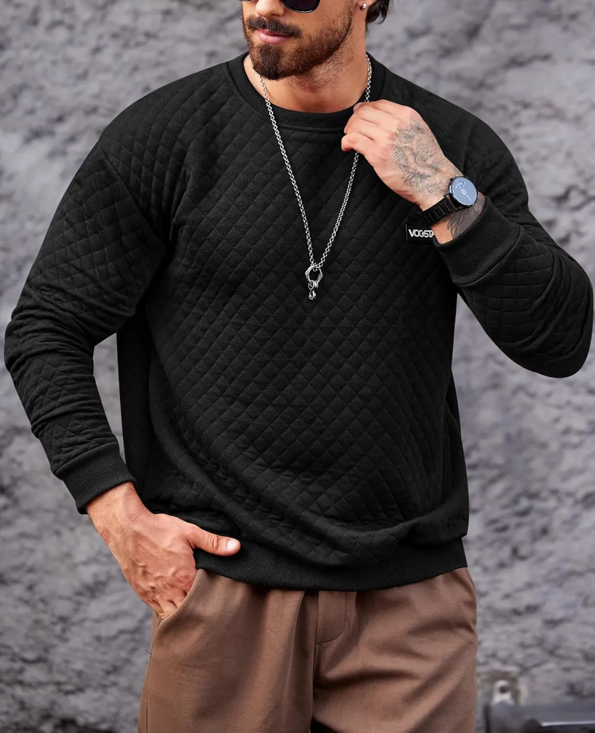 Mens Crewneck Sweatshirt Quilted Geometric Texture Long Sleeve Casual Soild Color Pullover (S-XXL)
