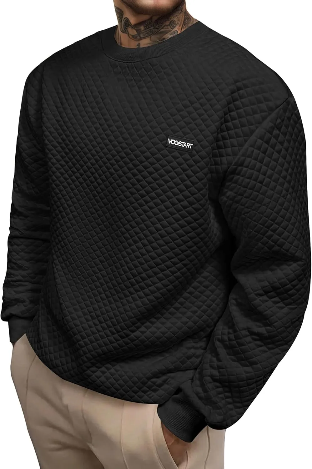 Mens Crewneck Sweatshirt Quilted Geometric Texture Long Sleeve Casual Soild Color Pullover (S-XXL)
