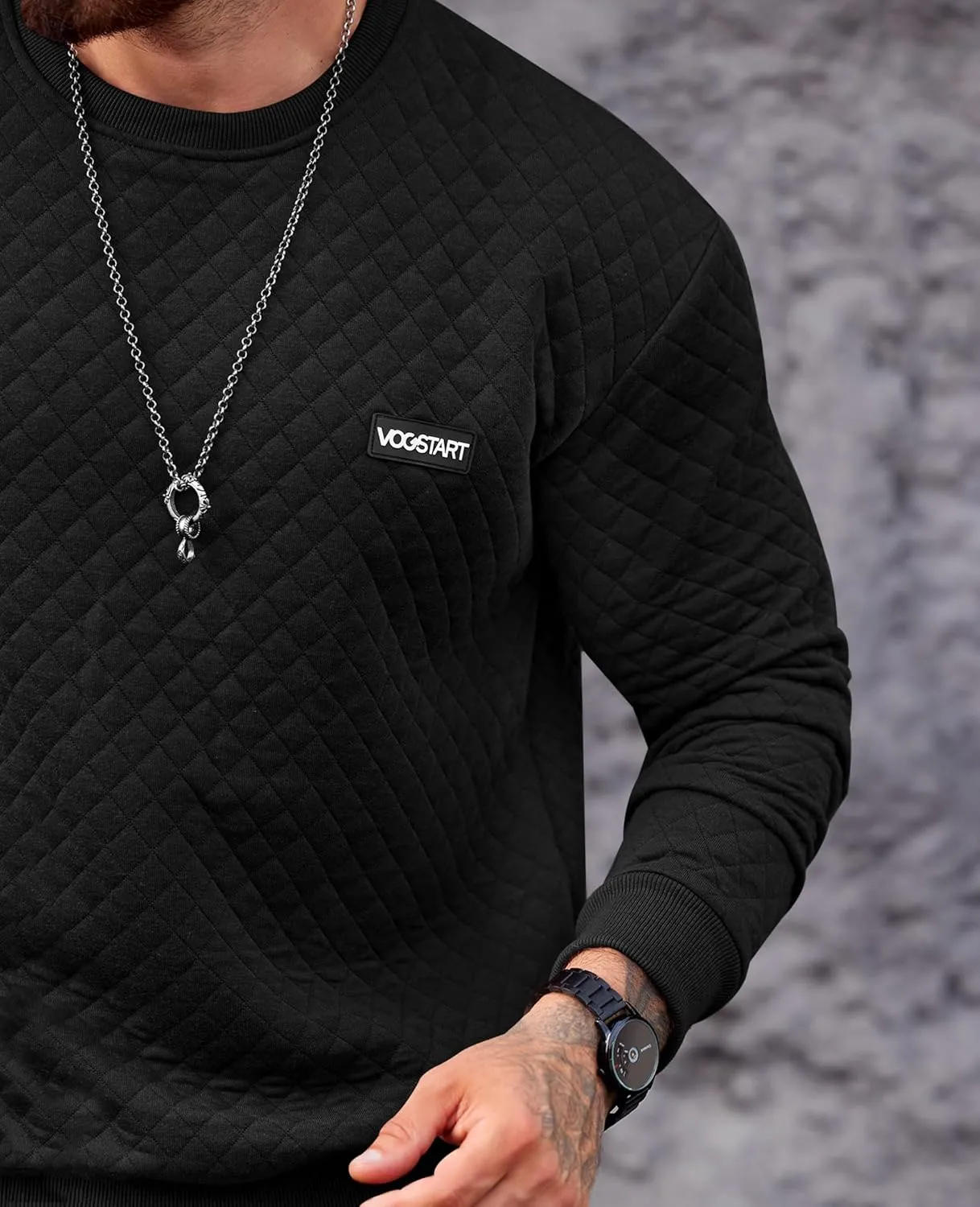 Mens Crewneck Sweatshirt Quilted Geometric Texture Long Sleeve Casual Soild Color Pullover (S-XXL)