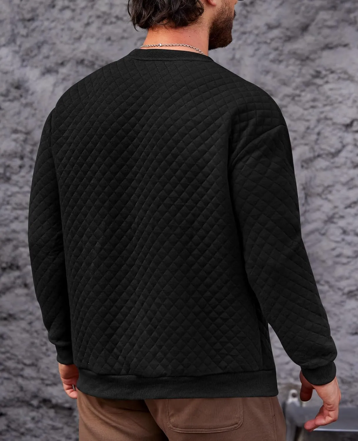 Mens Crewneck Sweatshirt Quilted Geometric Texture Long Sleeve Casual Soild Color Pullover (S-XXL)