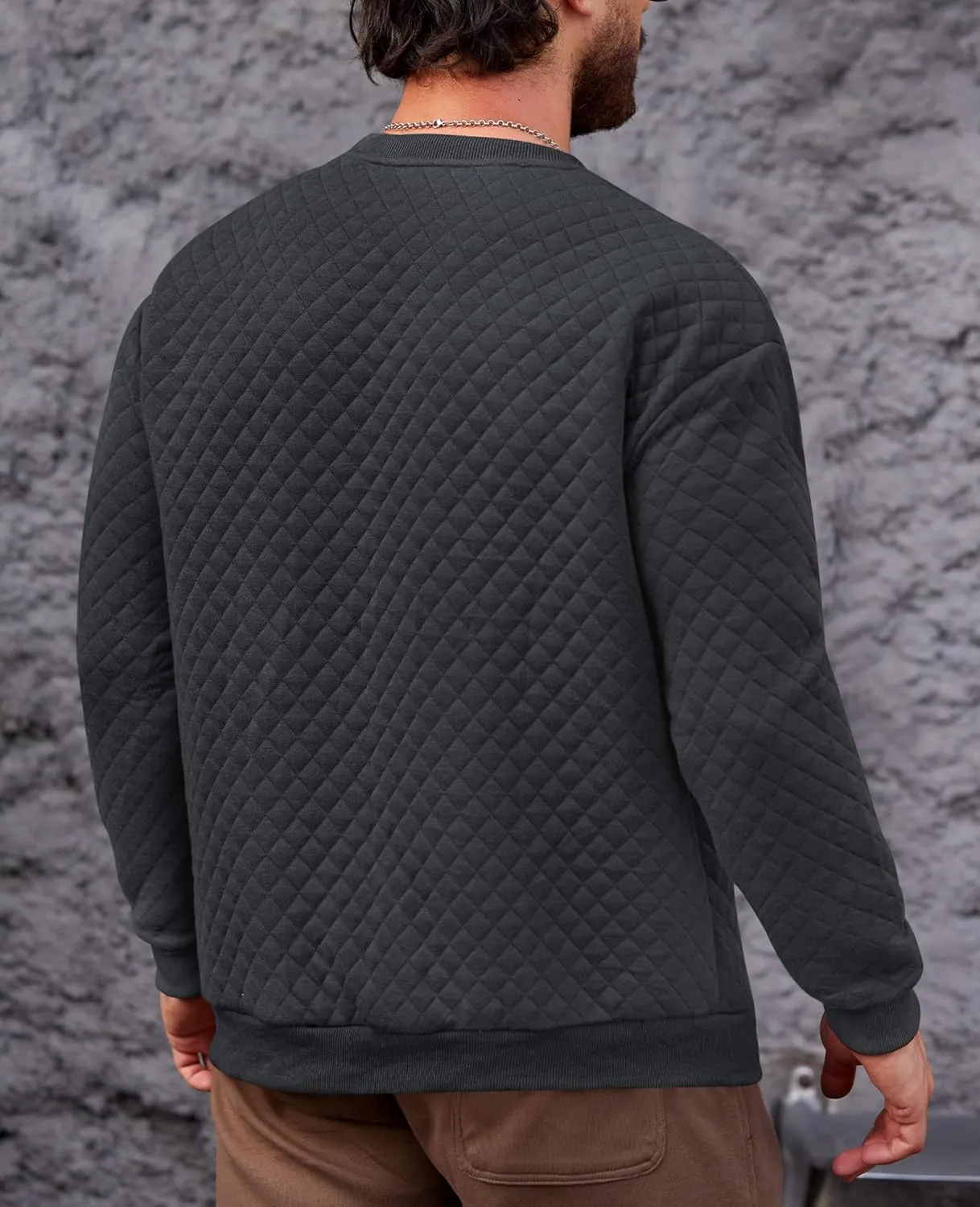 Mens Crewneck Sweatshirt Quilted Geometric Texture Long Sleeve Casual Soild Color Pullover (S-XXL)