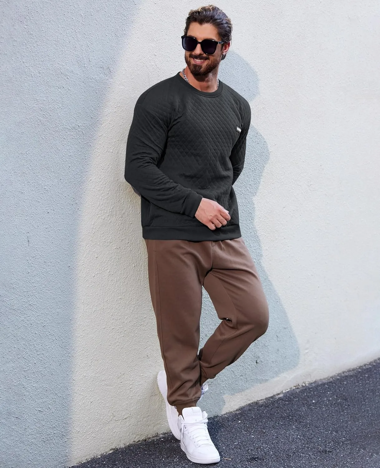 Mens Crewneck Sweatshirt Quilted Geometric Texture Long Sleeve Casual Soild Color Pullover (S-XXL)