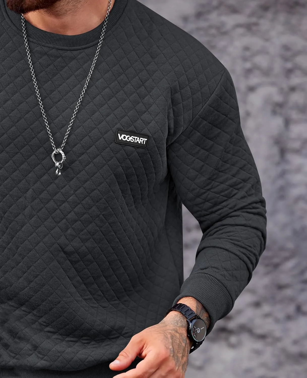Mens Crewneck Sweatshirt Quilted Geometric Texture Long Sleeve Casual Soild Color Pullover (S-XXL)