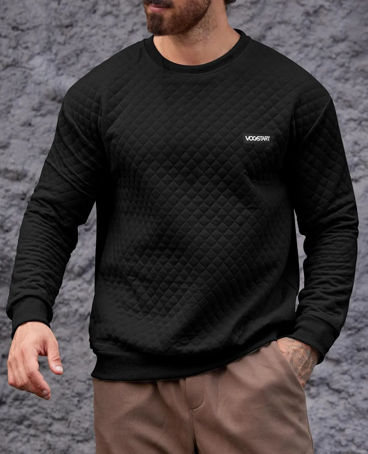 Mens Crewneck Sweatshirt Quilted Geometric Texture Long Sleeve Casual Soild Color Pullover (S-XXL)