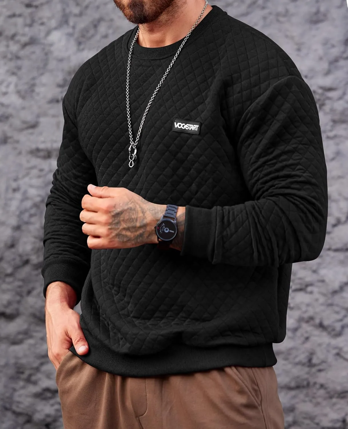 Mens Crewneck Sweatshirt Quilted Geometric Texture Long Sleeve Casual Soild Color Pullover (S-XXL)