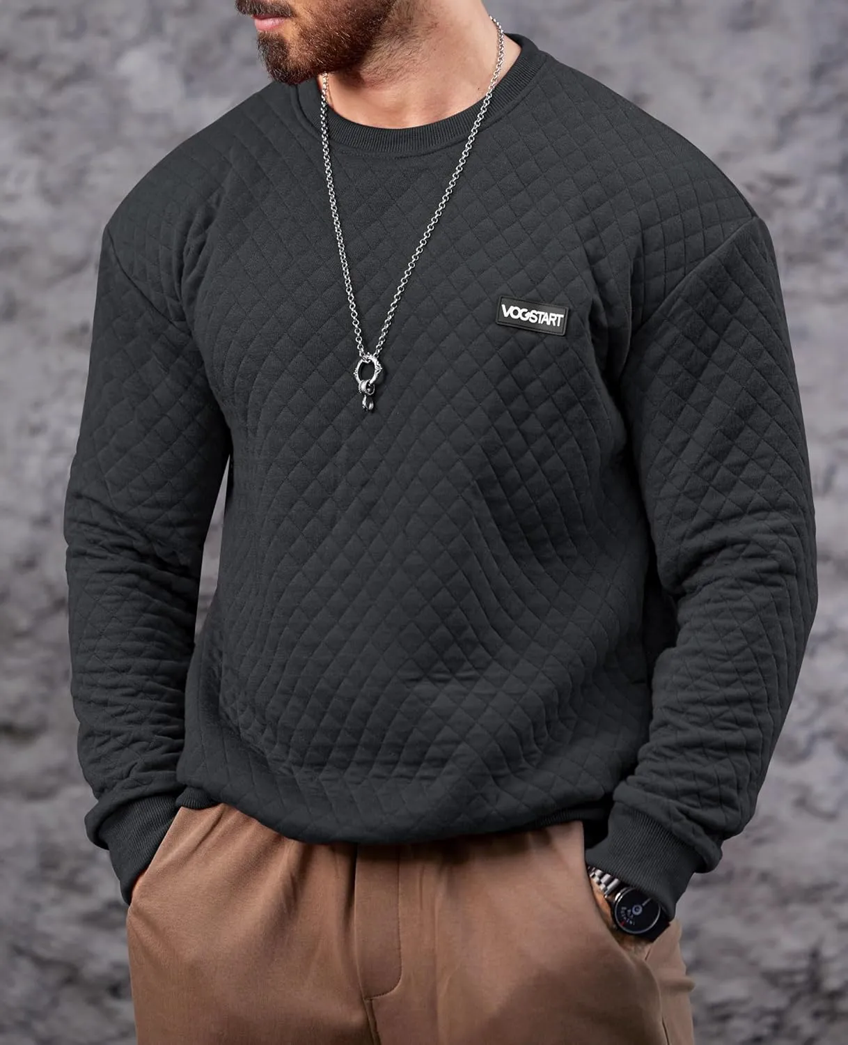 Mens Crewneck Sweatshirt Quilted Geometric Texture Long Sleeve Casual Soild Color Pullover (S-XXL)