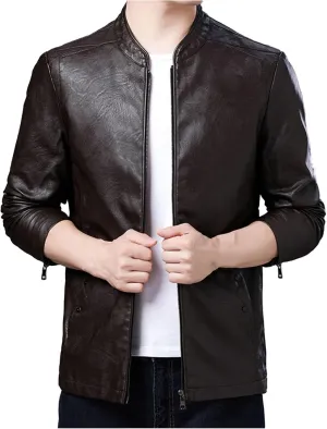 Men's Faux Leather Jacket Vintage Stand Collar Slim Fit Motorcycle Biker Bomber Jackets Full Zip Work Jacket for Men