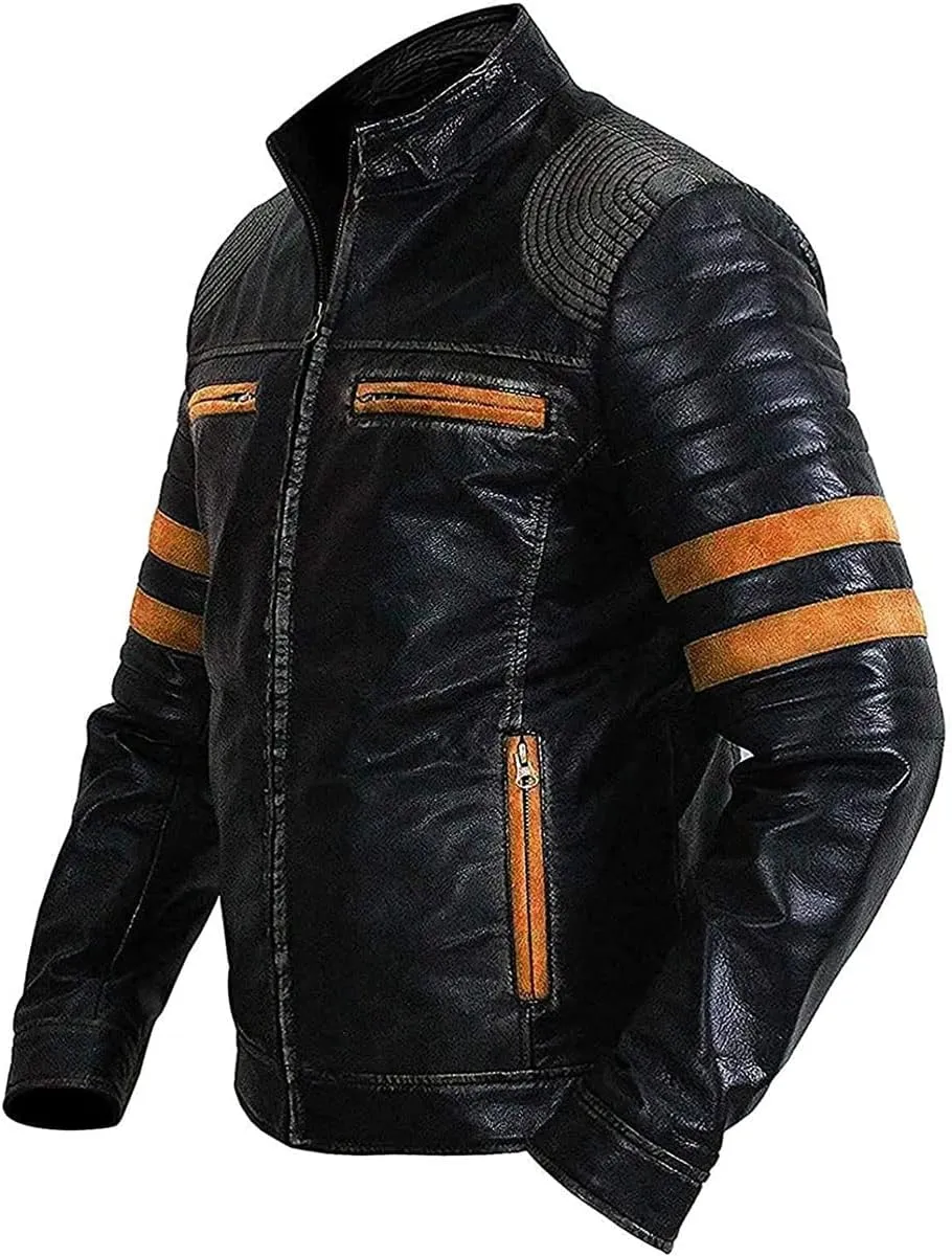 Mens Moto Biker Cafe Racer Black Motorcycle Leather Jacket with Orange Stripes.
