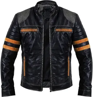 Mens Moto Biker Cafe Racer Black Motorcycle Leather Jacket with Orange Stripes.