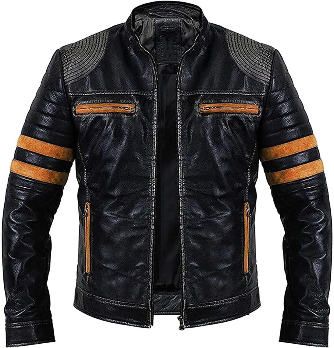 Mens Moto Biker Cafe Racer Black Motorcycle Leather Jacket with Orange Stripes.