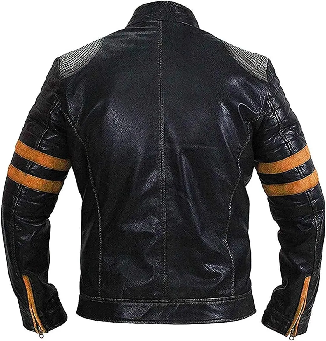 Mens Moto Biker Cafe Racer Black Motorcycle Leather Jacket with Orange Stripes.