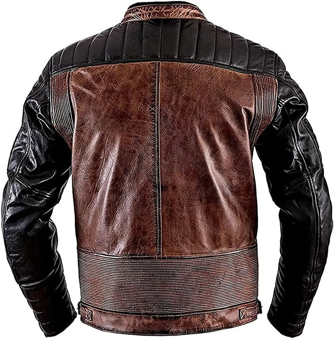 Mens Moto Biker Cafe Racer Vintage Black Motorcycle Leather Jacket with Orange Stripes