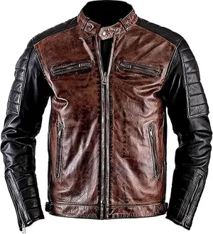 Mens Moto Biker Cafe Racer Vintage Black Motorcycle Leather Jacket with Orange Stripes