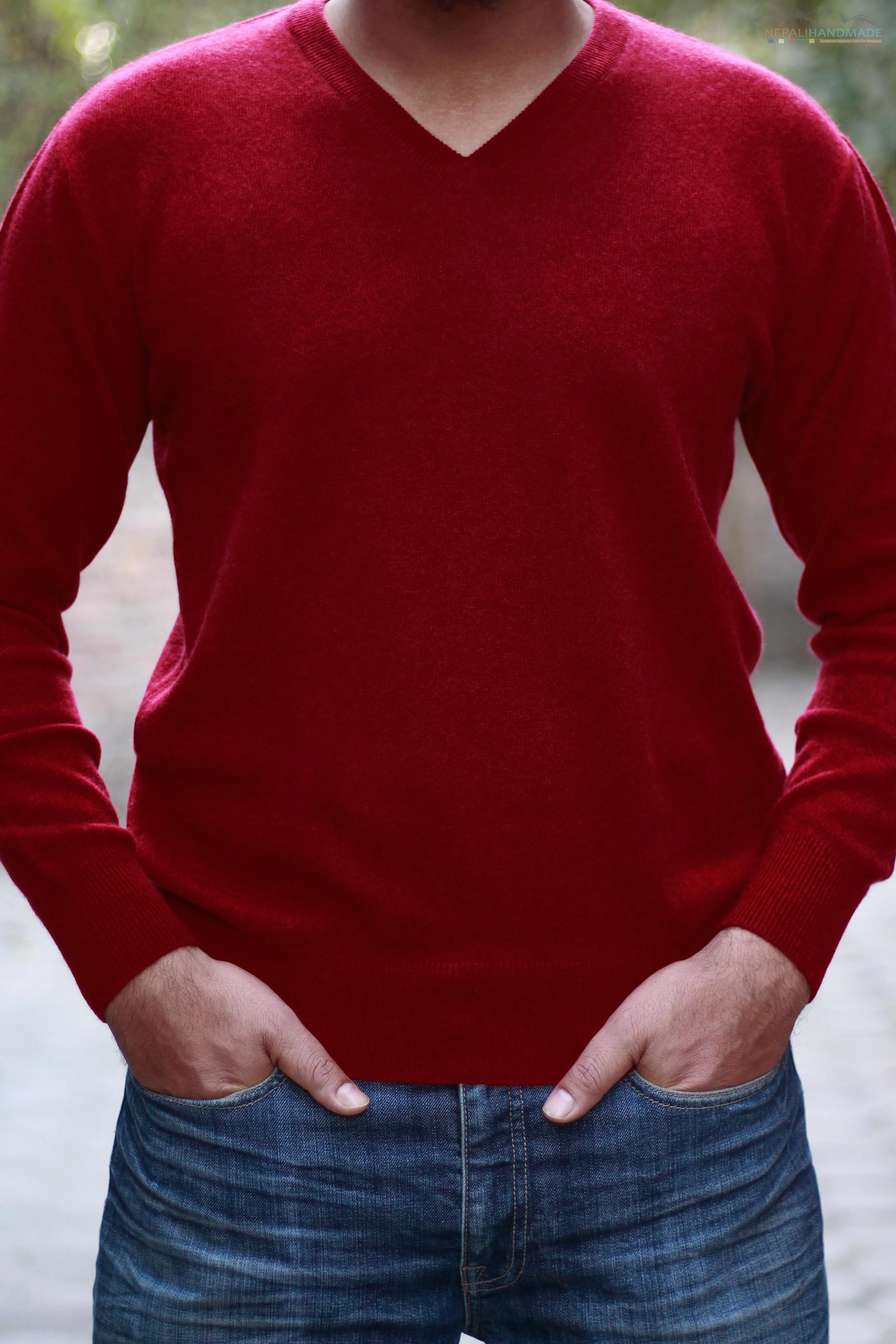 Men's Red Cashmere Sweater V-Neck Pullover