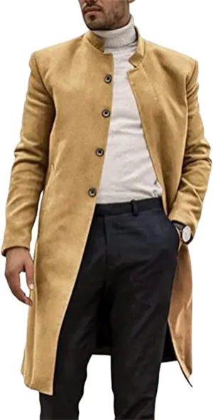 Mens Trench Coat Slim Fit Stand Collar Mid Length Overcoat Windproof Wool Blend Peacoat Single Breasted Jackets Fall Winter