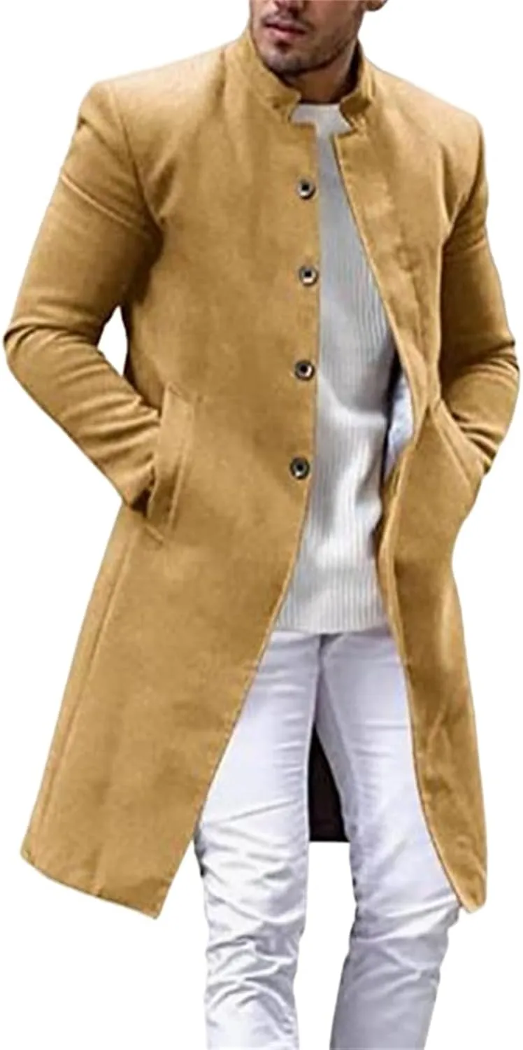 Mens Trench Coat Slim Fit Stand Collar Mid Length Overcoat Windproof Wool Blend Peacoat Single Breasted Jackets Fall Winter