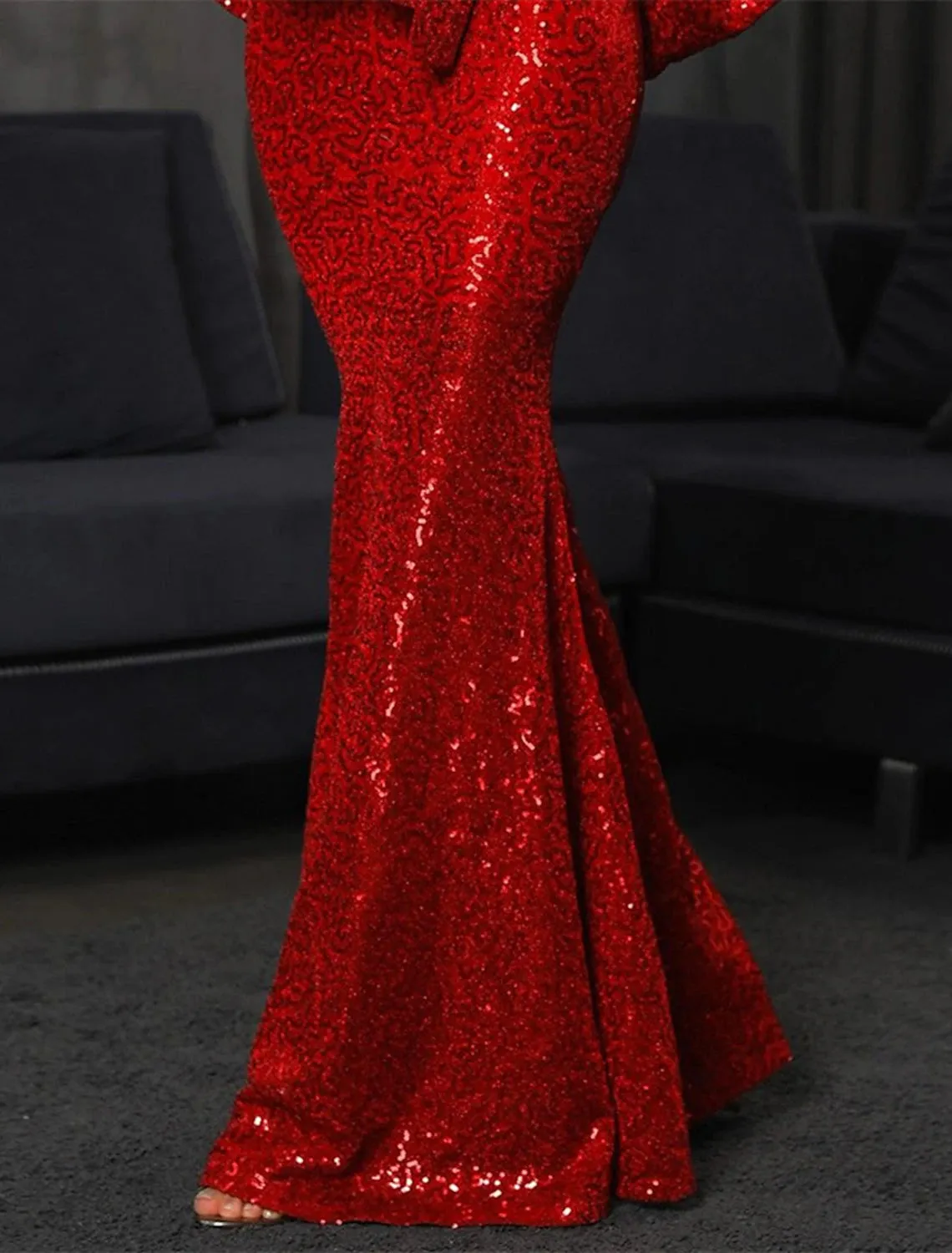 Mermaid Evening Gown Sparkle Red Green Dress Dress Formal Wedding Guest Floor Length Long Sleeve V Neck Fall Wedding Reception Sequined with Bow(s) Sequin