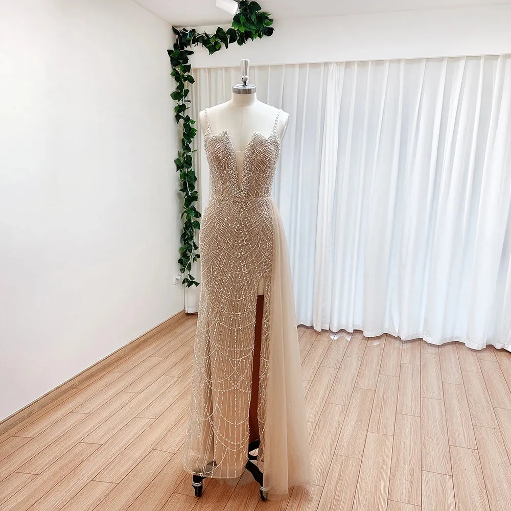 Mermaid Pearls Spaghetti Strap Side Slit Prom Gown