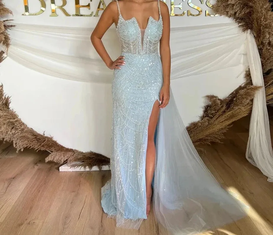Mermaid Pearls Spaghetti Strap Side Slit Prom Gown