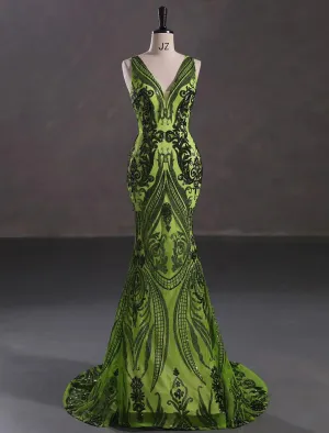 Mermaid / Trumpet Evening Gown Elegant Dress Engagement Court Train Sleeveless V Neck Sequined with Sequin