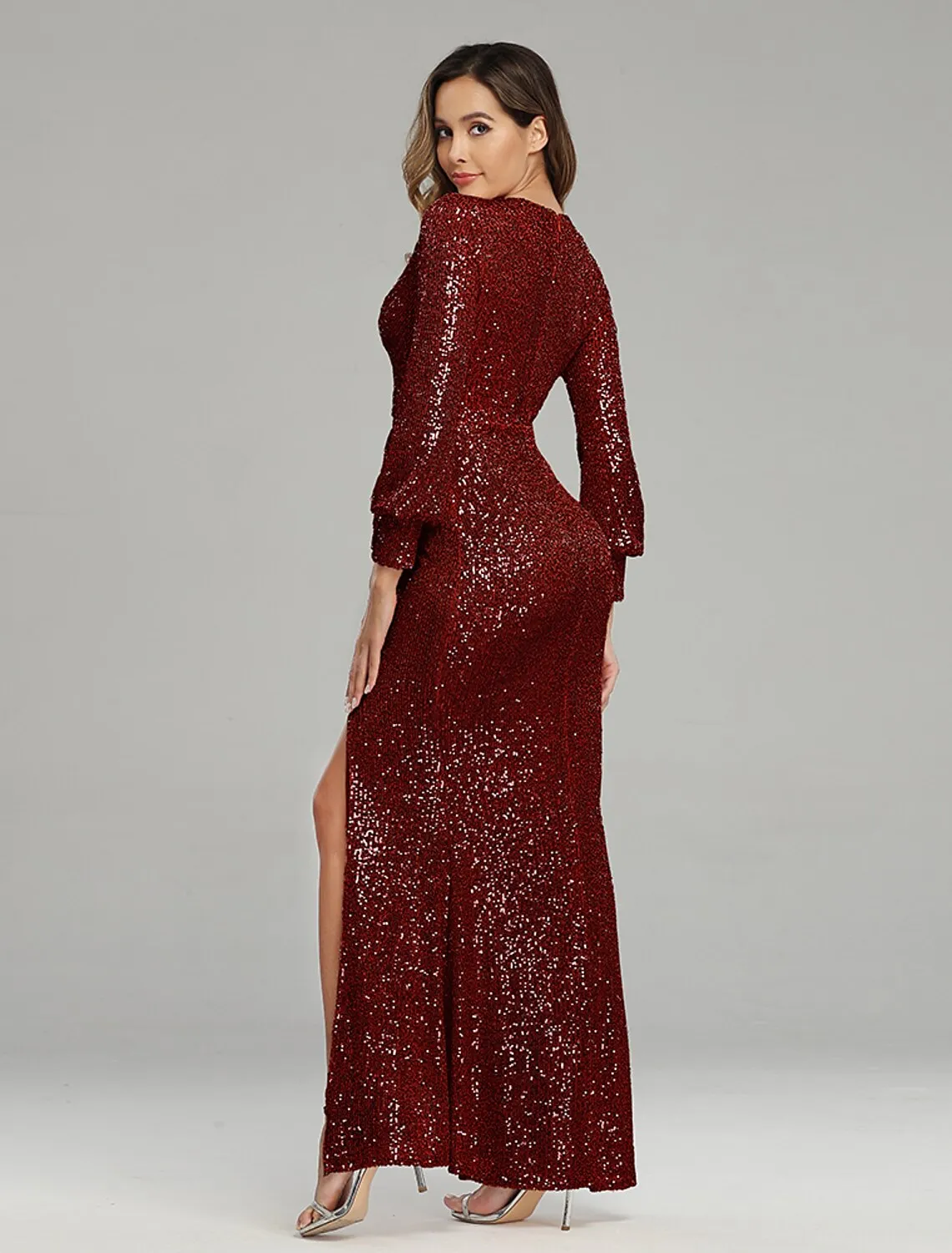 Mermaid / Trumpet Evening Gown Sparkle Dress Party Wear Wedding Guest Floor Length Long Sleeve V Neck Sequined with Sequin