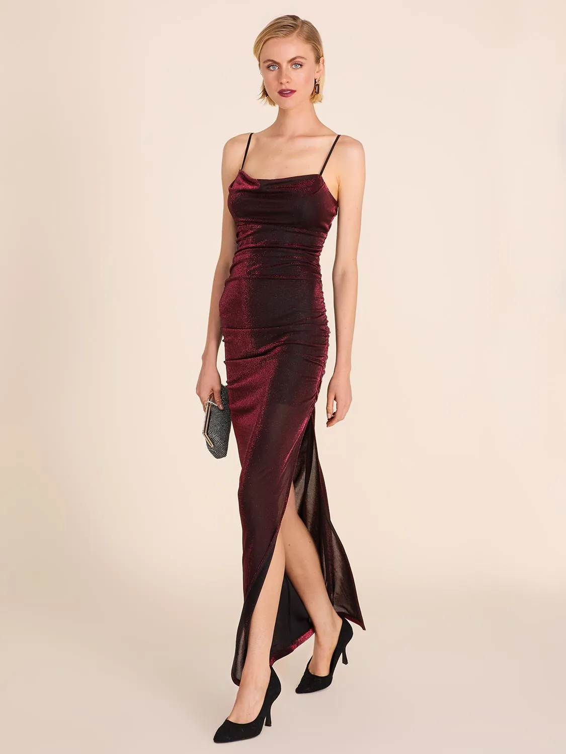 Metallic Cowl Neck Gown