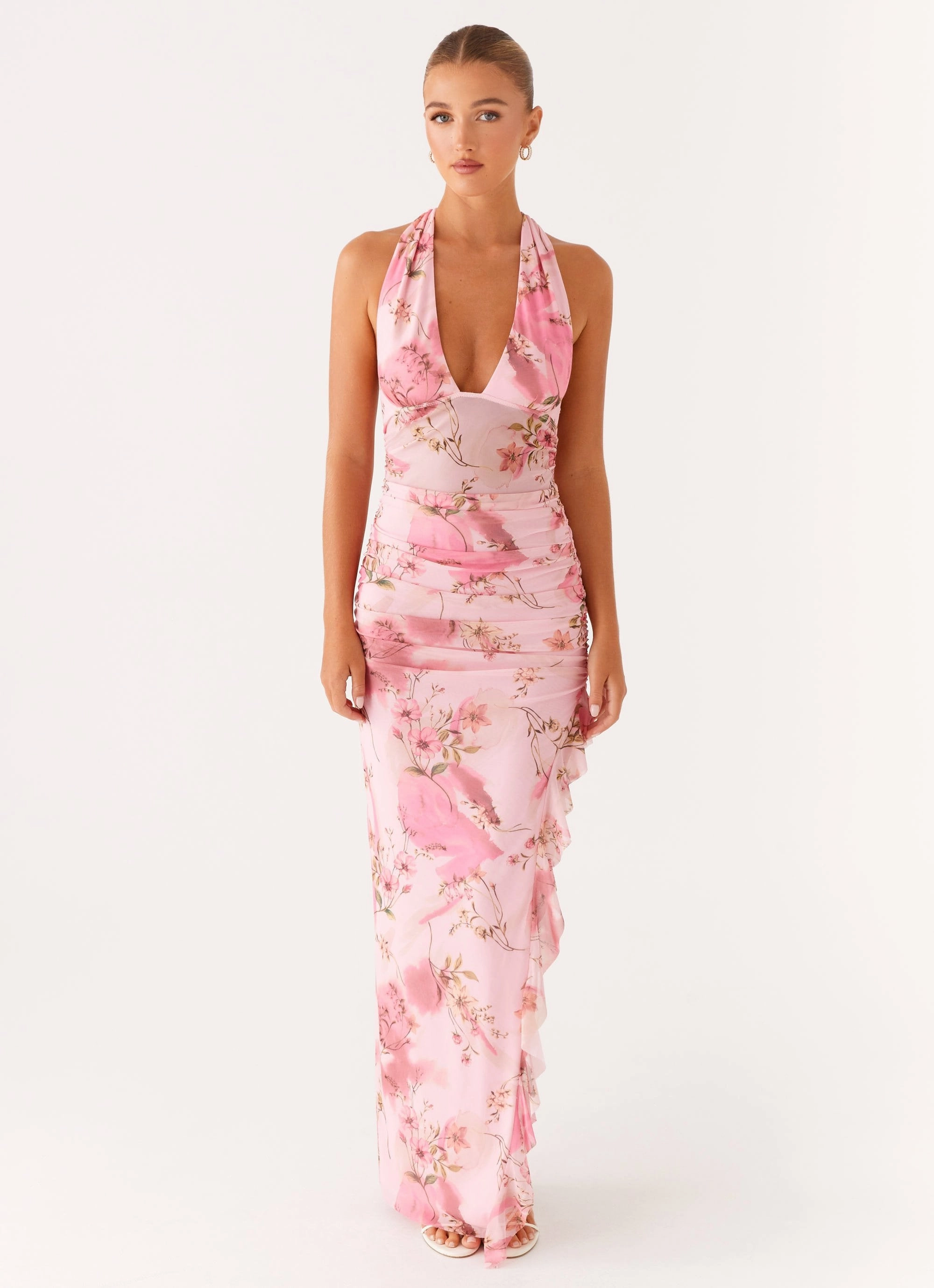 Micca Halter Maxi Dress - Pink Floral Print