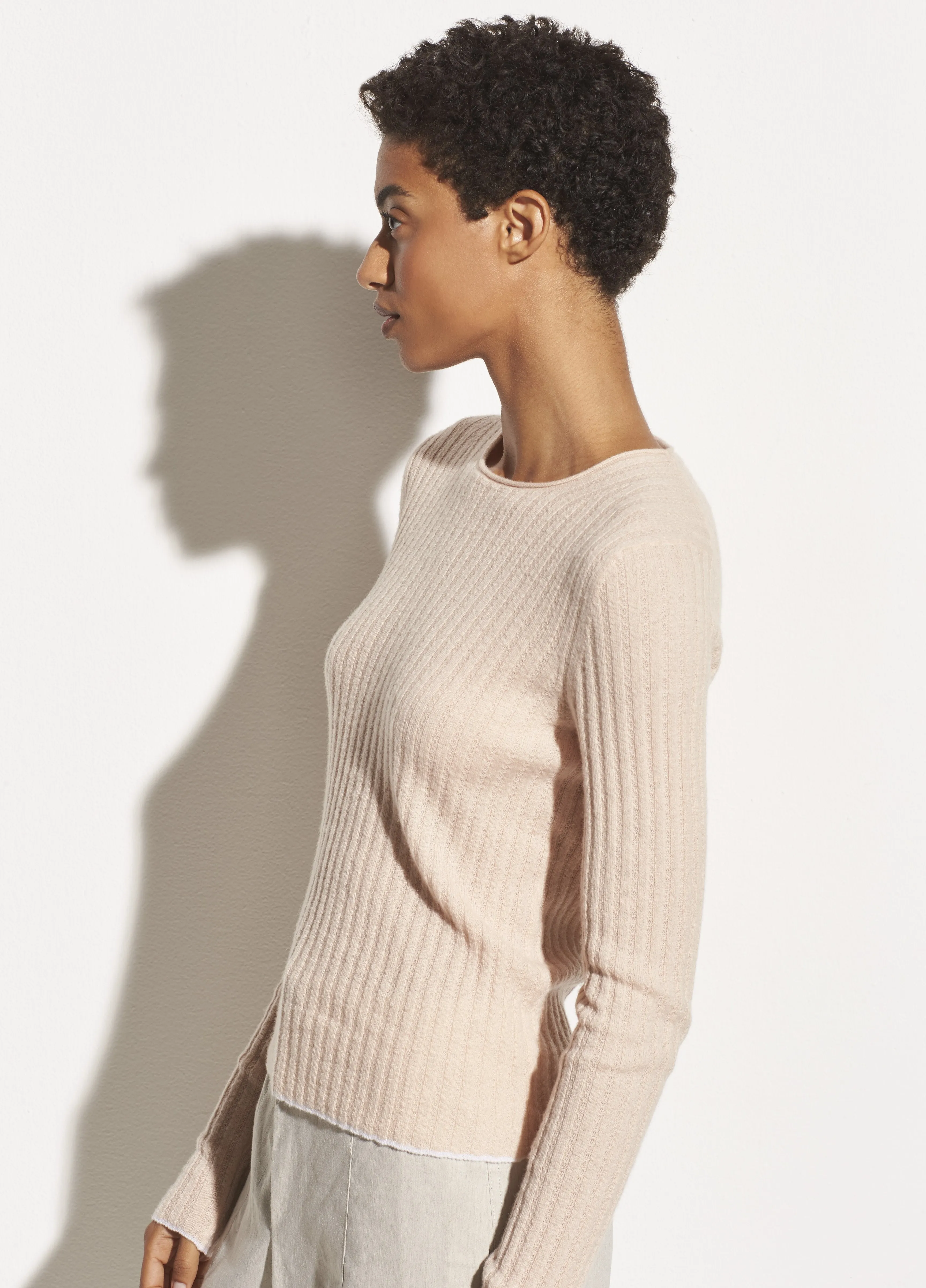 Micro Stripe Cashmere Crew in Pale Alder/Pink Sand