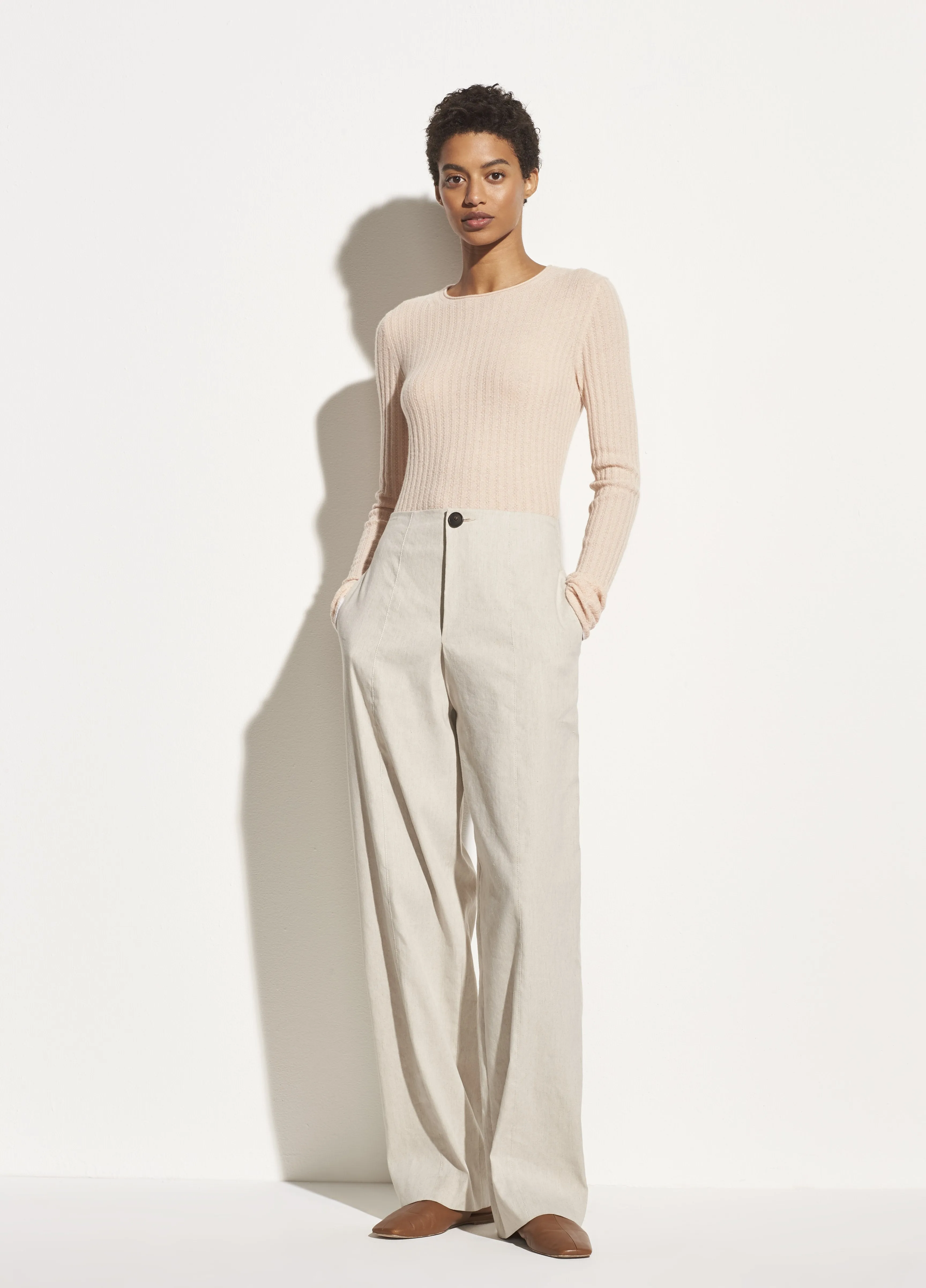 Micro Stripe Cashmere Crew in Pale Alder/Pink Sand