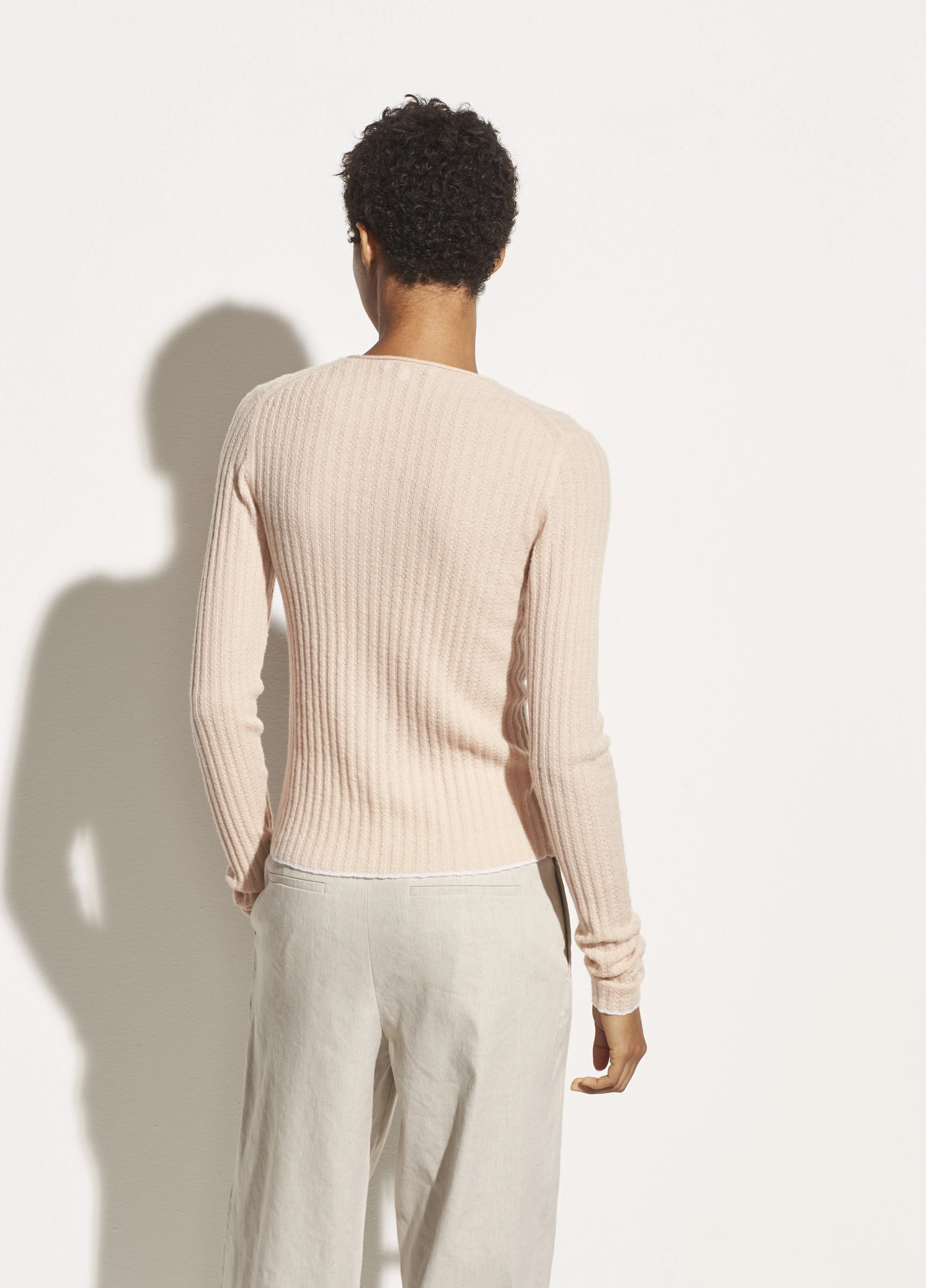 Micro Stripe Cashmere Crew in Pale Alder/Pink Sand