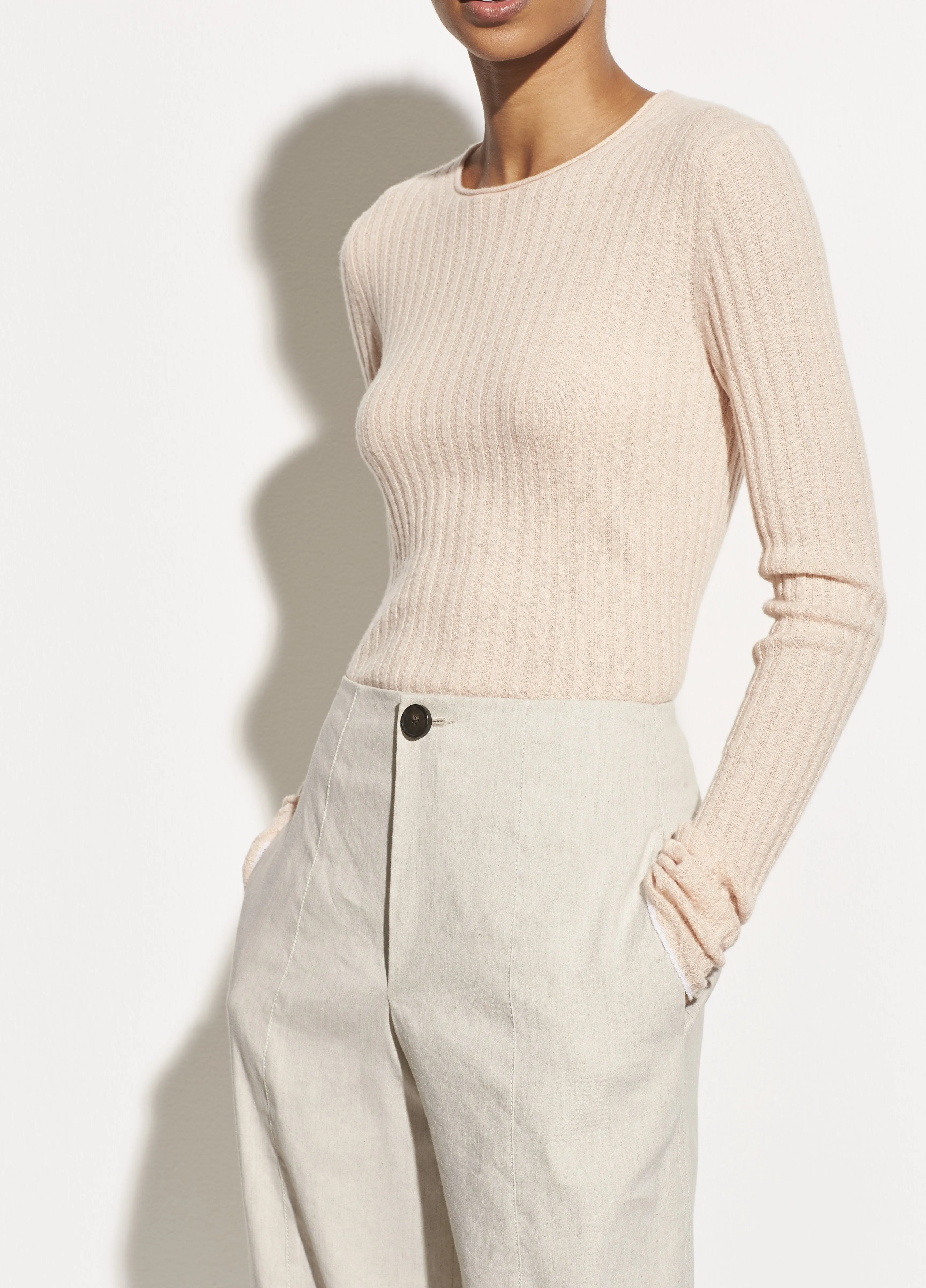 Micro Stripe Cashmere Crew in Pale Alder/Pink Sand