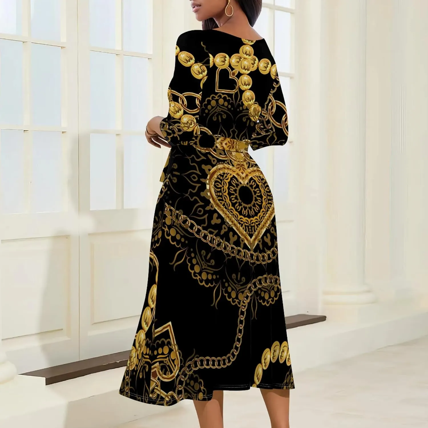 Midi Dresses for Women 3/4 Sleeve V Neck High Waist Casual Wrap Belt Trendy with Pockets A-Line Elegant Wedding Guest Dress