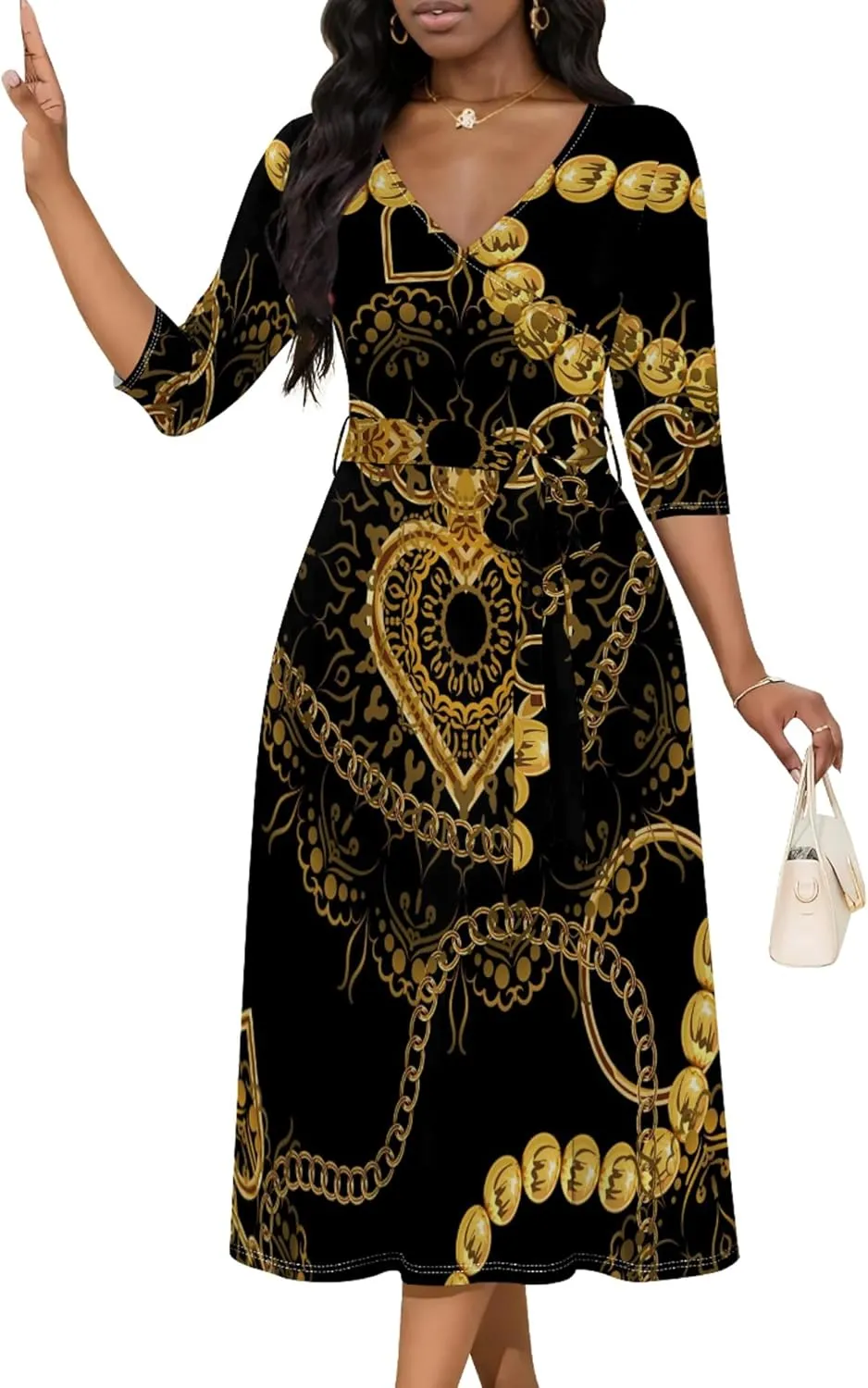 Midi Dresses for Women 3/4 Sleeve V Neck High Waist Casual Wrap Belt Trendy with Pockets A-Line Elegant Wedding Guest Dress