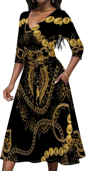 Midi Dresses for Women 3/4 Sleeve V Neck High Waist Casual Wrap Belt Trendy with Pockets A-Line Elegant Wedding Guest Dress