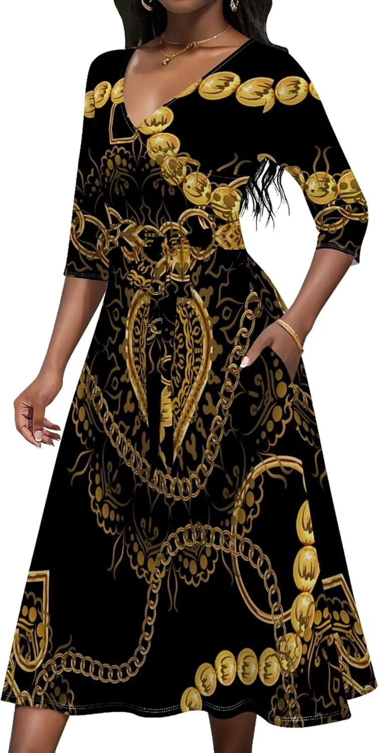 Midi Dresses for Women 3/4 Sleeve V Neck High Waist Casual Wrap Belt Trendy with Pockets A-Line Elegant Wedding Guest Dress