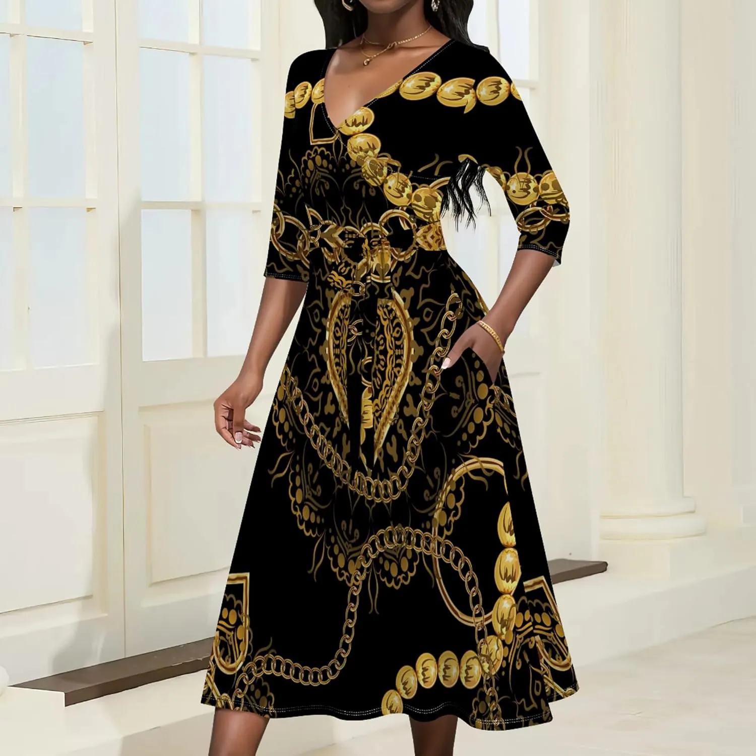 Midi Dresses for Women 3/4 Sleeve V Neck High Waist Casual Wrap Belt Trendy with Pockets A-Line Elegant Wedding Guest Dress