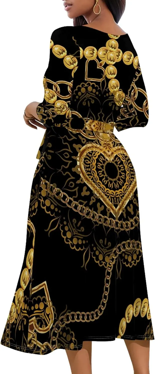 Midi Dresses for Women 3/4 Sleeve V Neck High Waist Casual Wrap Belt Trendy with Pockets A-Line Elegant Wedding Guest Dress