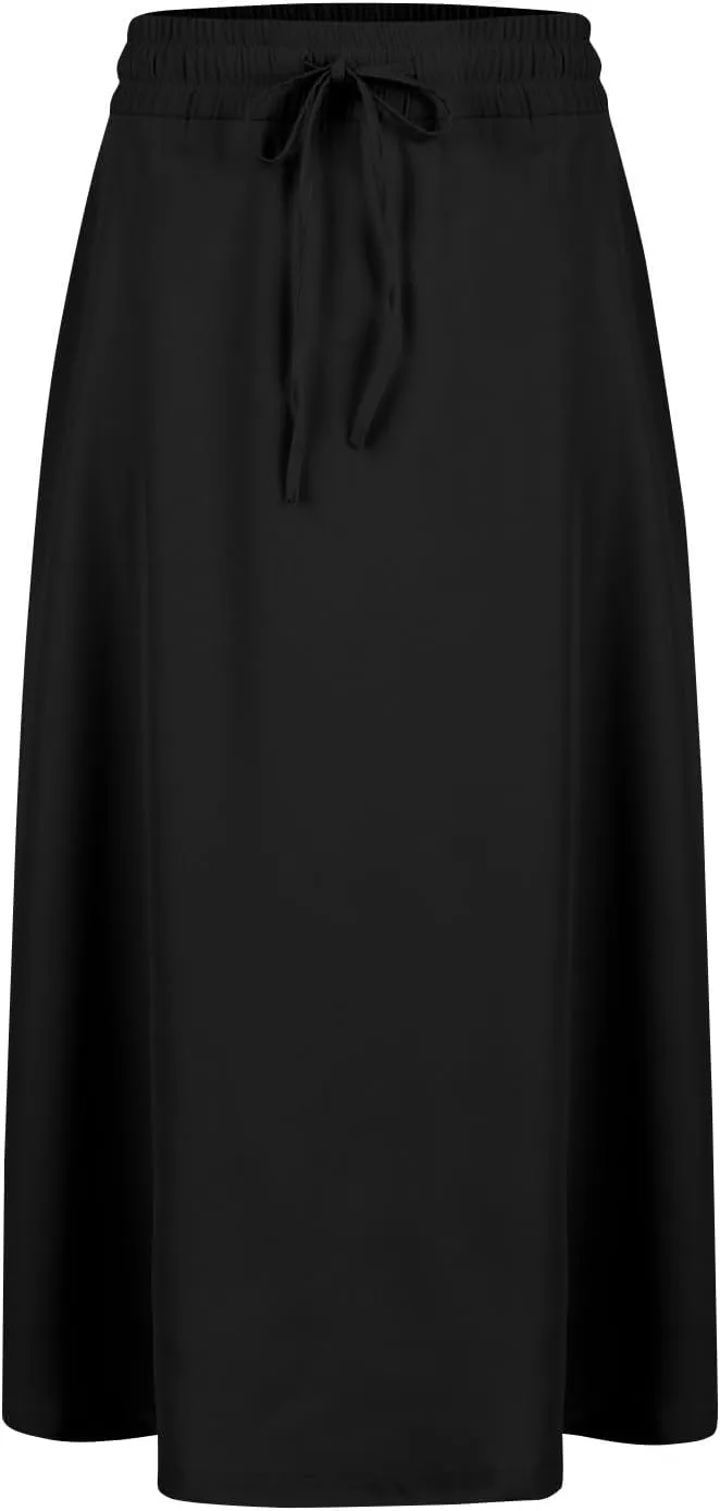 Midi Skirt for Women Summer Drawstring Elastic High Waist Skirt Knee Length Smocked A Line Fashion Skirts with Pockets
