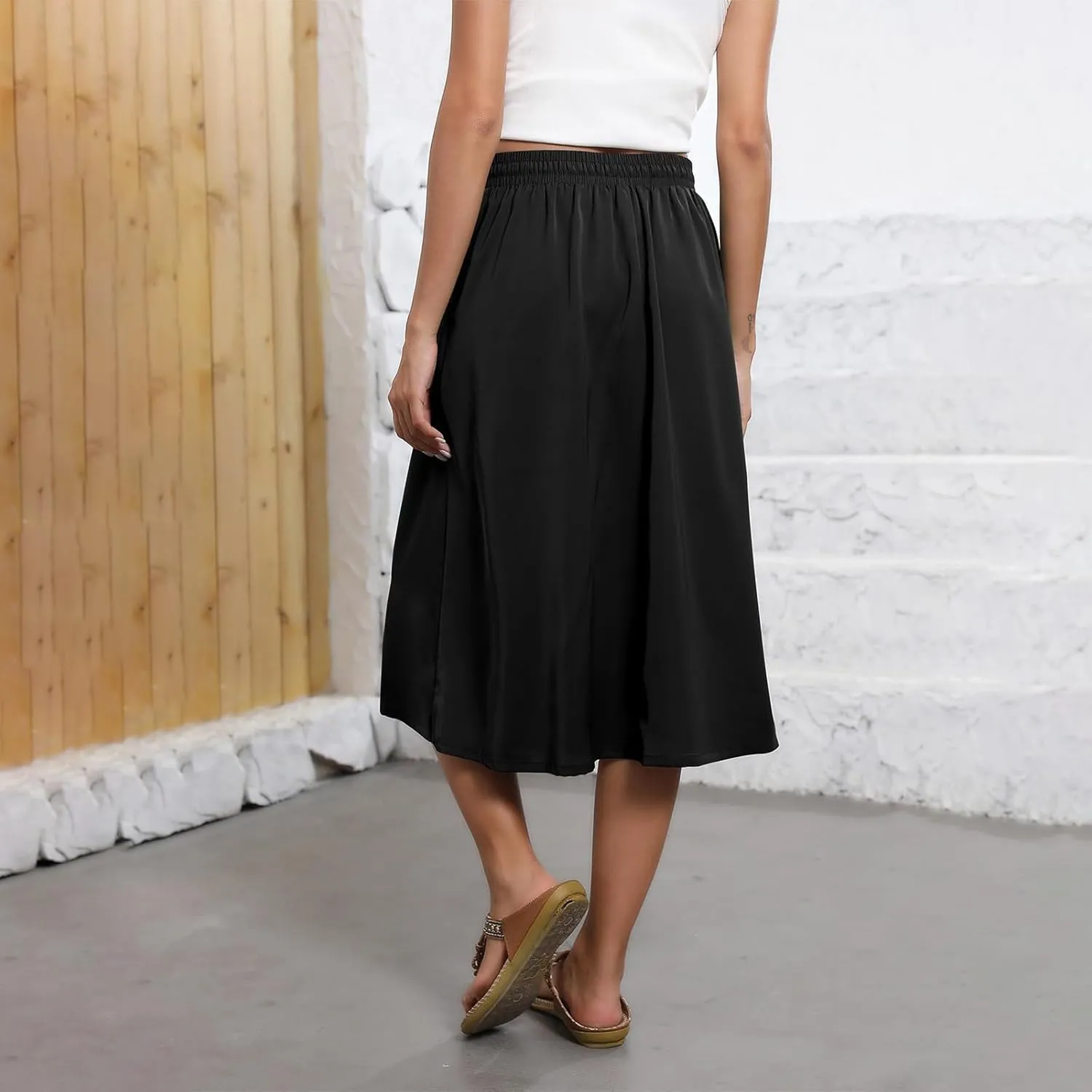 Midi Skirt for Women Summer Drawstring Elastic High Waist Skirt Knee Length Smocked A Line Fashion Skirts with Pockets