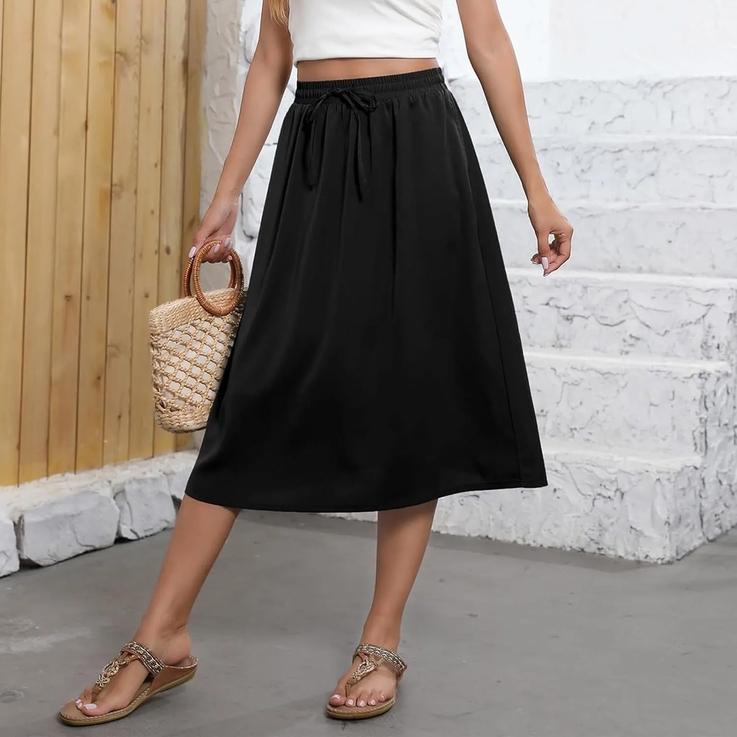 Midi Skirt for Women Summer Drawstring Elastic High Waist Skirt Knee Length Smocked A Line Fashion Skirts with Pockets